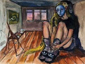 ציור של איזבלה וולובניק - "Pierrot with her Ungodly Shadow". בתמונה אישה עם מסיכה עצובה, בחדר שקטן למידותיה.